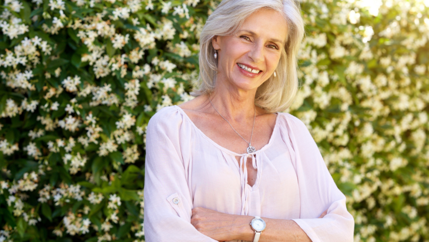 Happy older woman with visible expression lines in a blog about anti-wrinkle consultation in Adelaide.